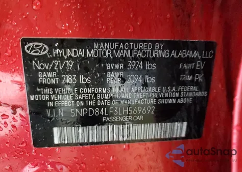 2020 Hyundai Elantra Sel z USA, uszkodzony, nr VIN 5NPD84LF3LH569692